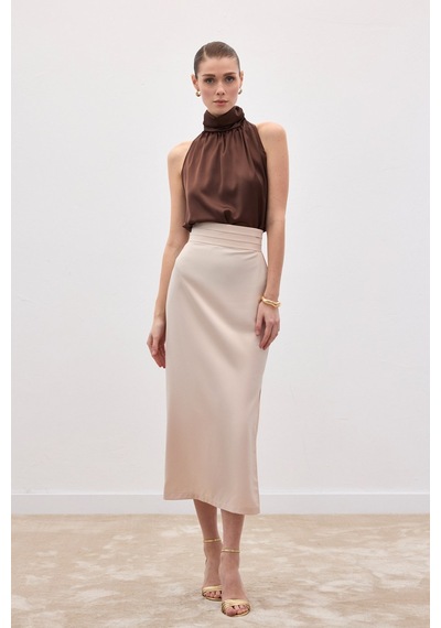 Sateen Bel Pile Detaylı Saten Etek - Bej-136549 Bej