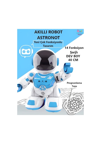 14 Fonksiyon Dev Boy Astronot Uzaktan Kumandalı Programlanabilir 40 Cm. Mavi