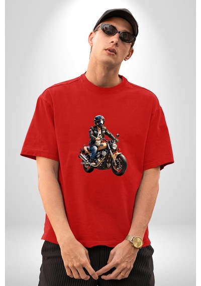 Kask Motorsiklet Dünya Turu Pamuklu Bisiklet Yaka Unisex Oversize Boyfriend Dijital Baskılı Kırmızı T-shirt Kırmızı