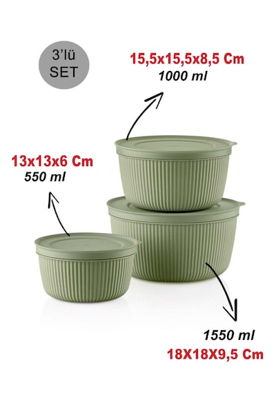 Saklama Kabı 3'lü Set 1550 - 1000 - 550ml Depolama Kutusu - Gıda Çerezlik Hobi Çok Amaçlı Box Yeşil