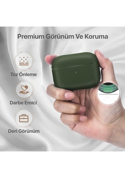 Airpods Pro 2. Nesil İle Uyumlu Leather Skin Serisi Parmak İzi Tutmayan Dış Yüzeye Sahip Ve Mükemmel Koruma Sağlayan Orta Sertlikte Silikon Kılıf Haki