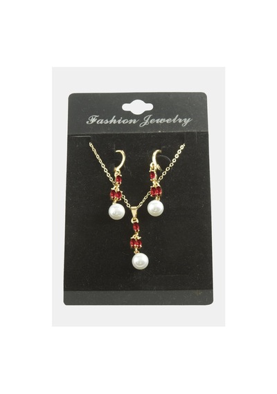 Zenviac456 Çiçek İnci Zirkon Taşlı Set Kolye Zenviac45678 Kırmızı