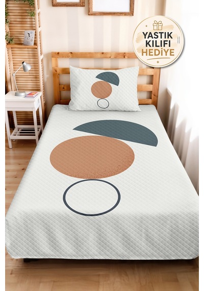 Geometrik Modern Bej Genç Odası Tek Kişilik Pike Takımı - Antrasit Ekru 160x220 Cm Yatak Örtüsü Gölge Kekik İzi