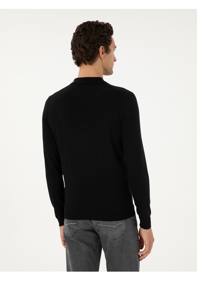 Cacharel Siyah Regular Fit Yün Karışımlı Fermuarlı Polo Yaka Basic Triko Kazak