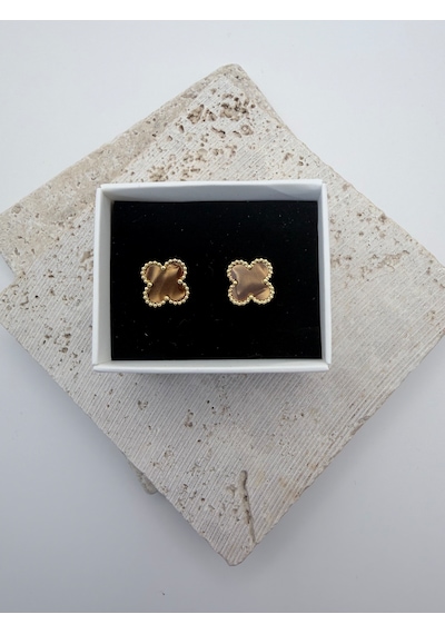Çelik Yonca Küpe Renkli Mineli Gold Kadın Küpe 1 Cm Minimal Günlük Küpe Kahverengi