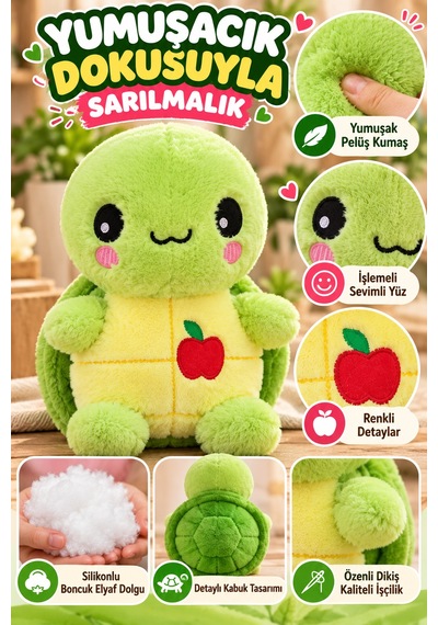 Yeşil Elmalı Kaplumbağa Pelüş Oyuncak 22 Cm Yumuşak Sevimli Çocuk Oyuncağı Sarılmalık Peluş Model Çok Renkli