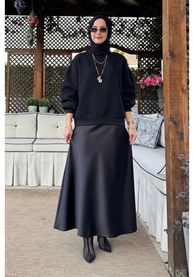 Rabia Şamlı Tanem Tüvit-saten Etekli Takım Siyah Normal