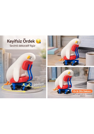Keyifsiz Ördek Biblo Dönen Tekerlekli Sandalyeli Dekoratif Figür Eğlenceli