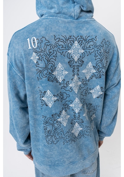 Respire Erkek 10 Baskılı Yıkamalı Kapüşonlu Oversize Hoodie Mavi