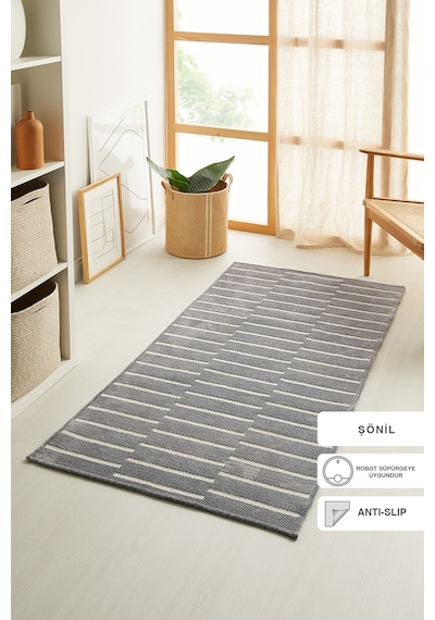 Ocean Home Textile Gri Renk Çizgi Desenli Şönil Halı Kilim 80 X 150 Cm