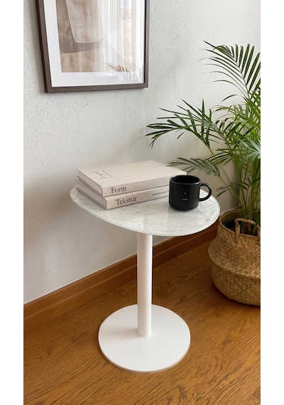 Traverten Mermer Desenli Modern 40x30 Cm Zigon Yan Sehpa 6 Mm Temper Cam
