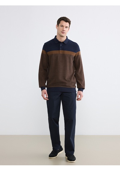 Lcwaıkıkı Classic Kahverengi Polo Yaka Renk Bloklu Erkek Sweatshirt