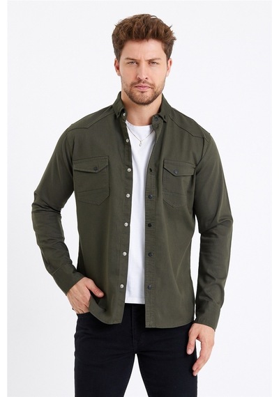 Tarz Cool Erkek Çift Cepli Çıt Çıt Düğmeli Slim Fit Kot Gömlek Haki