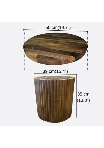 Masif Ceviz Ahşap Orta Sehpa Yuvarlak Salon Sehpası El Yapımı Fluted Tasarım 50x35 Cm
