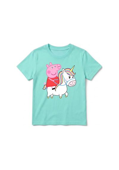 Urbantrendstore Peppa Pig Temalı Unisex Kız Çocuk Erkek Çocuk Bisiklet Yuvarlak Yaka Basic Kısa Kollu %100 Pamuk Tişört Mint