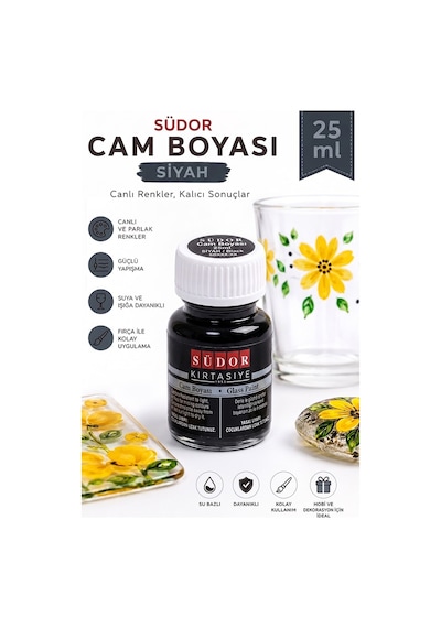 Cam Boyası Vitray Boyası 25 Ml 1 Adet Südor Su Bazlı Renkli Cam Vitray Boyası Sanat Hobi Siyah