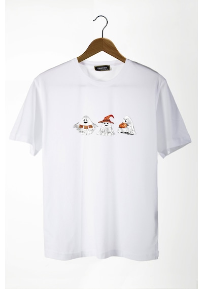 Erkek Beyaz Cadılar Bayramı Baskılı Bisikle Yaka Oversize Rahat Kalıp Basic T-shirt Beyaz