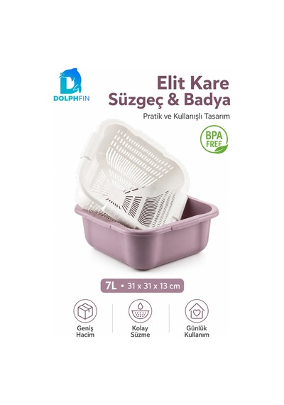 Elit Kare Süzgeç Ve Badya Seti 7 L Bpa Free Beyaz - Mor