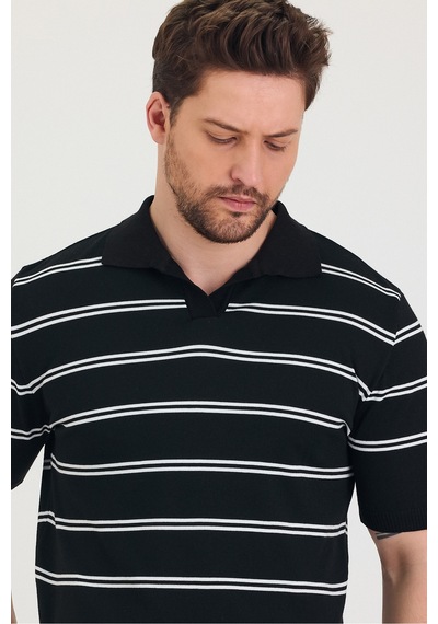 Cool Tarz Erkek Polo Yaka Beyaz Çift Çizgi Detaylı Siyah Triko T-shirt Siyah Siyah