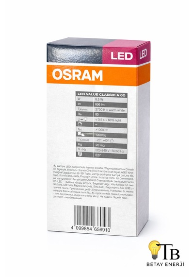 Osram Led Value Classic A60 8.5w 60w E27 2700k Warm White 806 Lm Ampul 1