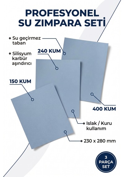 Starcke Su Zımparası Seti 150-240-400 Kum 230x280 Mm 3 Parça Islak Kuru Tabaka Zımpara