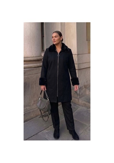 Onno Style Women Yakası Kol Ağzı Kürklü Çelik Örgü Kadın Kaban Siyah