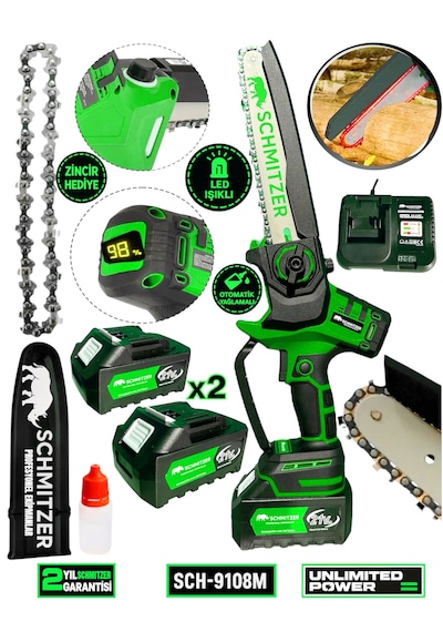 Schmitzer SCH-9108Y 21V Pro Metal Dişli Çift Akülü Çelik Şansuzan Şarjlı Dal Ağaç Budama Makinesi Testeresi