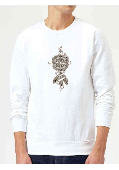 Dreamcatcher Pusula Baskılı Beyaz Erkek Örme Sweatshirt