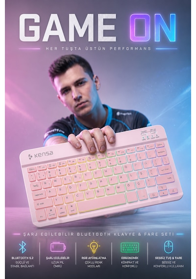 Tablet Ve Bilgisayar İçin Rgb Led Işıklı Taşınabilir Kablosuz Bluetooth Klavye Ve Dongle'lı Mouse Seti Pembe