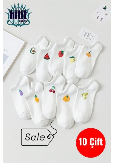 Hitit Socks Kadın 10 Çift Premium Kalite Pamuklu Meyve Desenli Babet Çorap ASORTİ