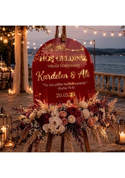 Bordo Akrilik Düğün Karşılama Panosu 50x80 Cm Gold Yazılı Nikah Tabelası Büyük Boy