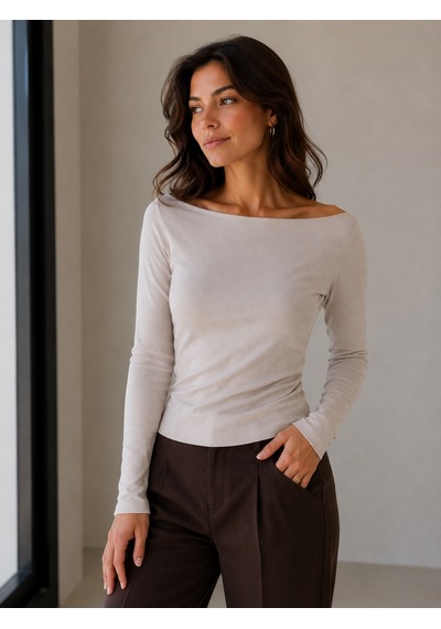Sortie Collection Kayık Yaka Uzun Kollu Fit Bluz Taş