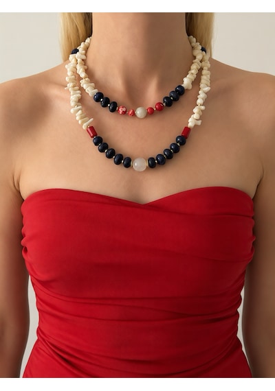 El Yapımı Doğal Taşlı İkili Kolye Beyaz Mercan, Lapis Lazuli, Jasper Ve Ay Taşı Kolye Mavi