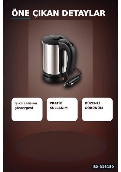 Oto Su Isıtıcı Kettle 12v Çakmaklık Girişli Paslanmaz Çelik Seyahat Tipi Bx-316150