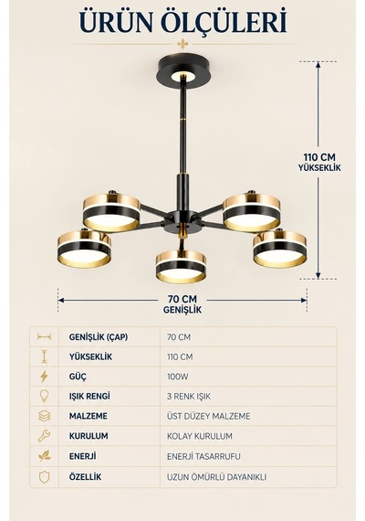 Modern Premium 5li Gold 3 Renkli Ledli Sarkıt Avizesi Salon Mutfak Oturma Odası Şık Modelleri 100w Siyah