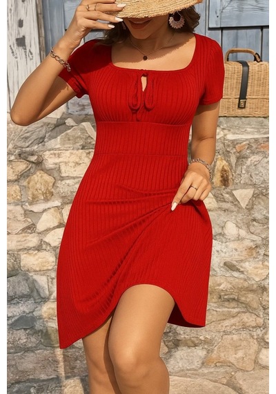 Etiler Collection Kadın Kısa Kollu Kare Yakalı Bağcıklı Kaşkorse Elbise Bordo