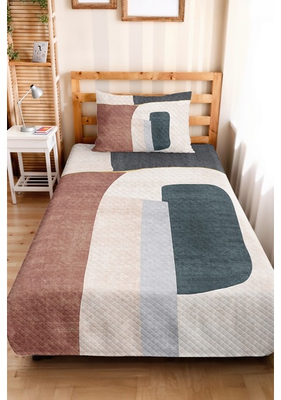 Geometrik Modern Gri Genç Odası Tek Kişilik Pike Takımı-pudra Ekru 160x220 Cm Kapitone Yatak Örtüsü Kışlık Mum Dengesi