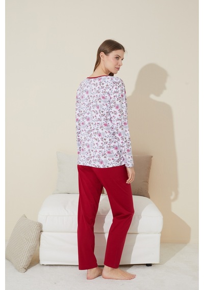 Siyah İnci Düğmeli Pamuklu Örme Pijama Takım 24240128 Beyaz