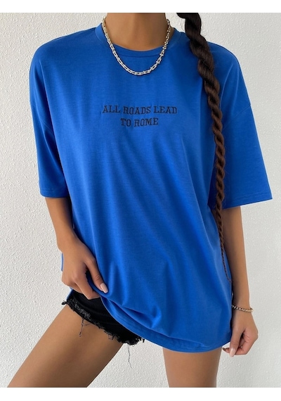 To Rome T-shirt - Saks Mavi Baskılı Oversize Bisiklet Yaka Kısa Kol Tişört Saks Mavi