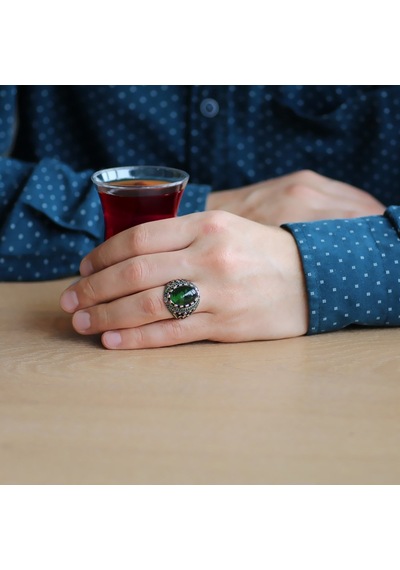 Yeşil Zirkon Taşlı Oval Tasarım 925 Ayar Gümüş Erkek Yüzük (429371978)