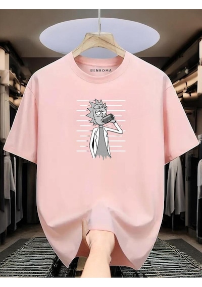 Adam Baskılı Oversize Siyah T-shirt Pembe