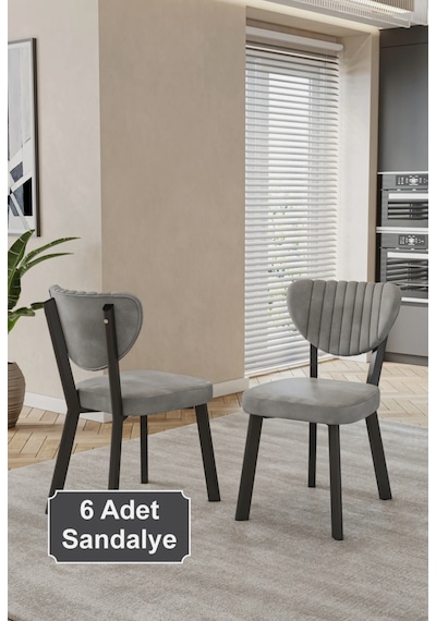 6 Adet Elma Sandalye Baby Face Kumaş Metal Iskelet Mutfak Yemek Masası Sandalyesi Gri