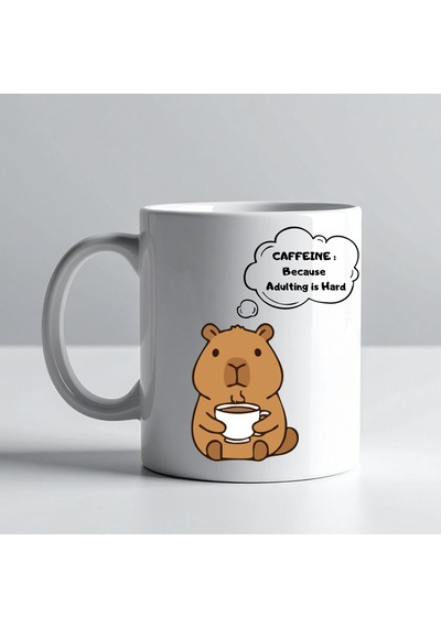 Caffeine Because Adulting İs Hard Yazılı Kupa Model 207 Komik Tasarım Seramik Kahve Kupası Hediye Seçeneği Düz Renkli