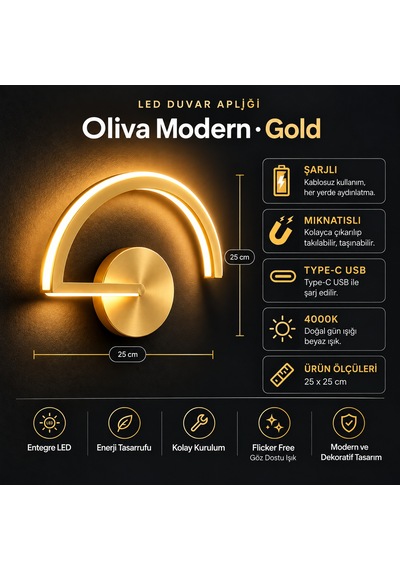 Oliva Şarjlı Modern Led Duvar Apliği Günışığı Taşınabilir Usb Gold