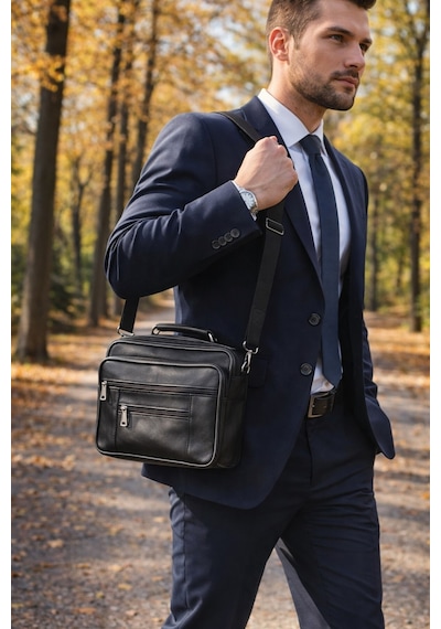 Newish Polo Hakiki Deri Postacı El Çantası Yan Kasasız Model - Büyük Siyah