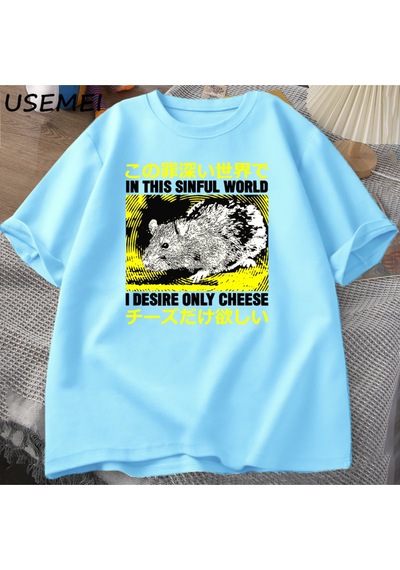 Flood Of Style Ben Arzu Sadece Peynir T-shirt Erkekler Komik Pamuk Japon Sıçan Grpahic Tees Casual Pamuk Kıs Mavi