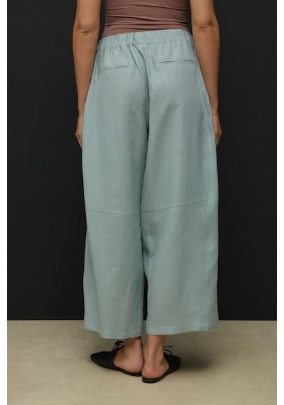 Molene Koyu Mint Kesik Detaylı Crop Barrel Keten Pantolon