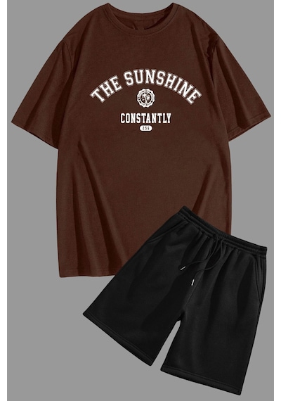 Uyguntarz Unisex Sunshine Baskılı Şort Takım Kahverengi