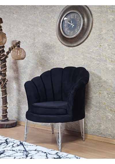 Zafir Tekli İstiridye Krom Kaplama Telli Ayak Çay Seti Koltuk Tekli Berjer , Balkon, Salon, Ofis Siyah