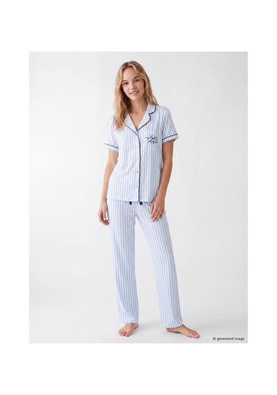 Lcw Dream Mavi Gömlek Yaka Çizgili Kadın Pijama Takımı